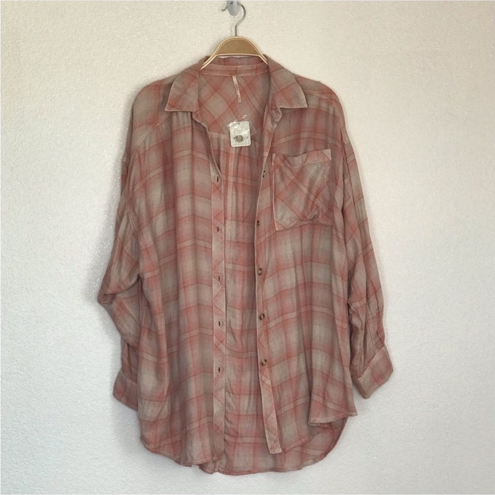 Free People XS pink plaid oversize flannel button down